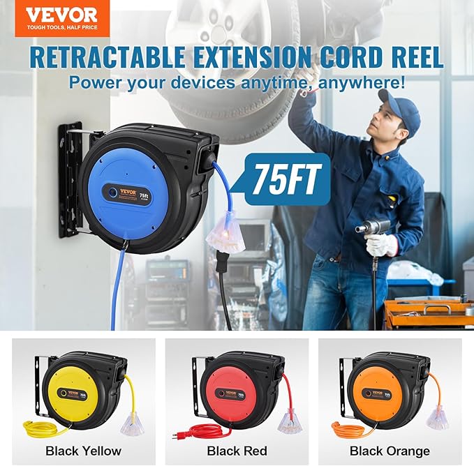 VEVOR 75FT Retractable Extension Cord Reel, 14AWG/3C SJTOW Heavy Duty Power Cord w/Lighted Electrical Triple Tap Outlets, 13A Circuit Breaker,180° Swivel Bracket for Workshop or Garage, Blue