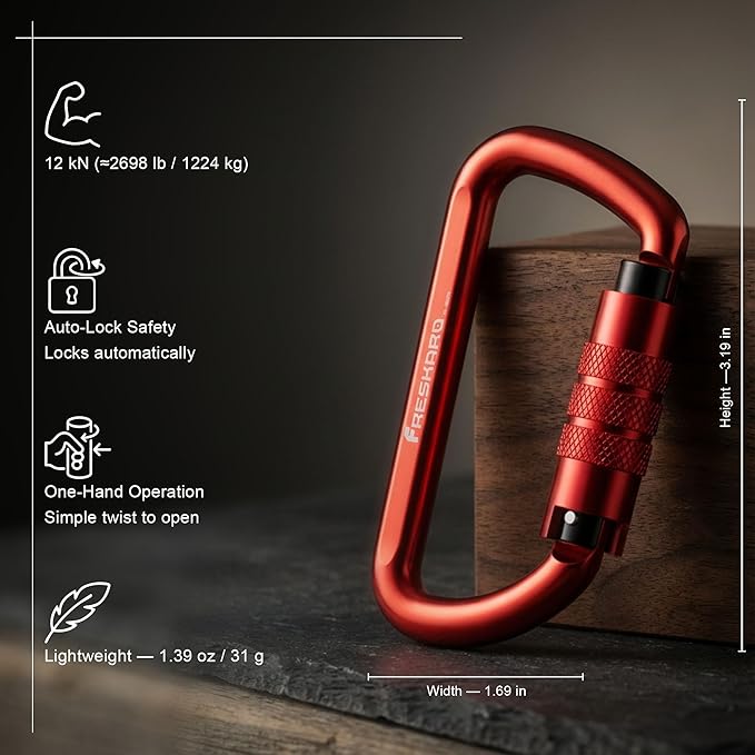 FresKaro 3inch 12kN-2698lbs Auto Locking Carabiner Clips, Solid D Shape, Heavy Duty 7075 Aluminum, Lightweight 1.09oz, Rust Proof, for Hammock, Hiking, Dog Leash, Keychain etc., Multi-Colors