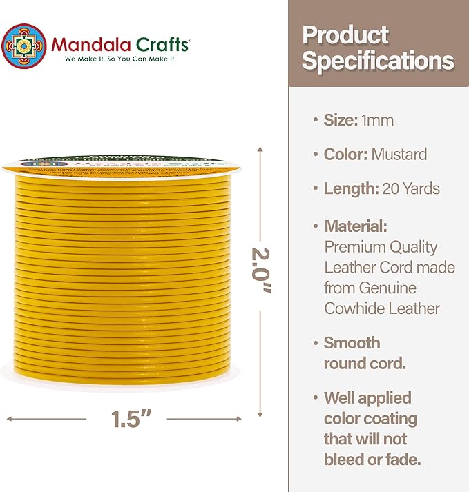 Mandala Crafts Round Genuine Mustard Yellow Leather Cord for Jewelry Making – 1mm Cowhide Leather Rope String Lace for Kumihimo – 20 Yards Cowhide Craft Cording Spool