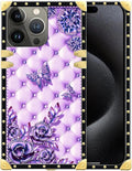 Compatible with iPhone 16 Pro Case, Purple Butterfly Flowers Leaf Luxury Golden Decoration for Girl Women Soft TPU Shockproof Protective Hard PC Back