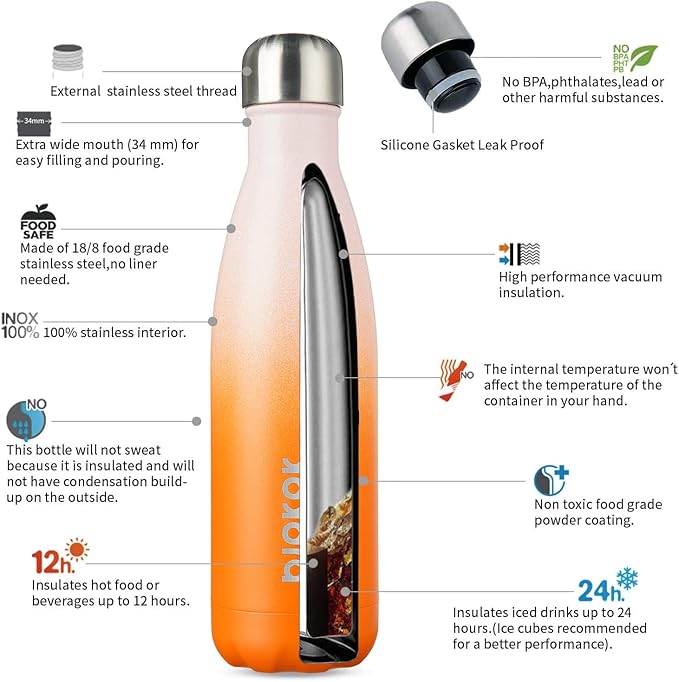 BJPKPK 17oz Insulated Stainless Steel Water Bottles,Sports Water Bottles Keep Cold for 24 Hours and Hot for 12 Hours,BPA Free for Travel,Coral