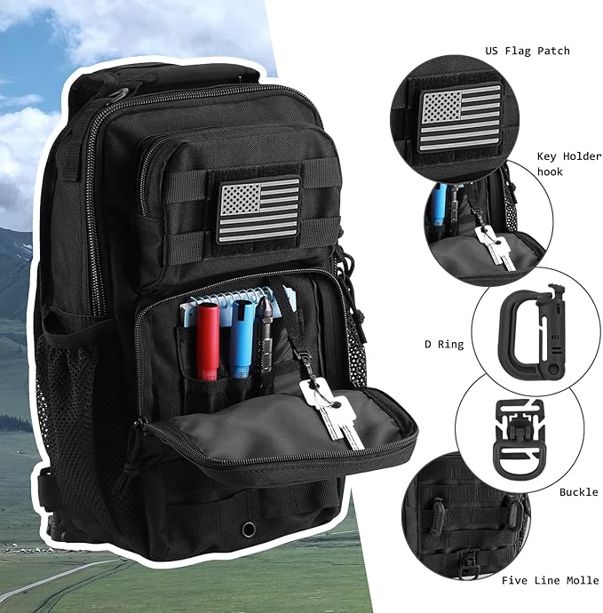 Rover Sling Pack Tactical Shoulder Sling Bag Backpack with Bottle Holder Crossbody Chest Bag, Black with Grey Patch