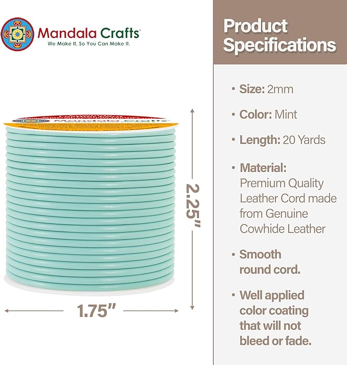 Mandala Crafts Round Genuine Mint Leather Cord for Jewelry Making – 2mm Cowhide Leather Rope String Lace for Kumihimo – 20 Yards Cowhide Craft Cording Spool