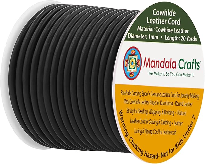 Mandala Crafts Round Cowhide Genuine Black Leather Cord for Jewelry Making Kumihimo Leather Rope Spool - Black Leather String Lace - 20 Yds 1mm Leather Cording