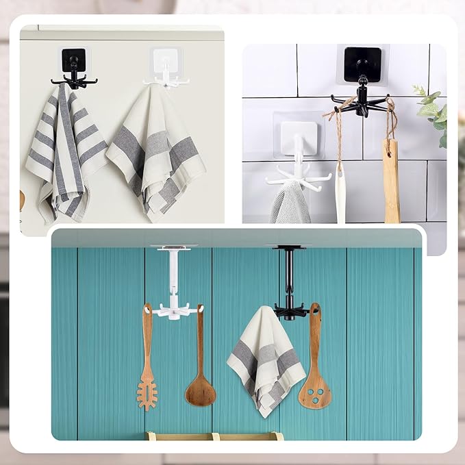 4 Pieces 360 Rotating Folding Hook Multi-purpose Hanging Utensil Holder Hook 180 Degrees Vertical Flip Self-Adhesive Hook Utensil Rack with 6 Hooks for Kitchen Bathroom Cabinet Towel (Black, White)