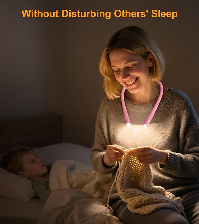 Gritin Book Light, Eye Caring 4-Color & 5-Brightness Neck Light Reading Light- Stepless Dimming,30-min Timer,80+ Hrs Runtime,Bendable Round Neck Design, Lightweight for Reading-Rose