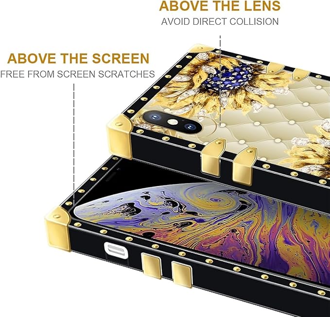 Compatible with iPhone Xs Max Case, Sunflower Diamonds Leather Luxury Golden Decoration for Girl Women Soft TPU Shockproof Protective Hard PC Back for iPhone Xs Max