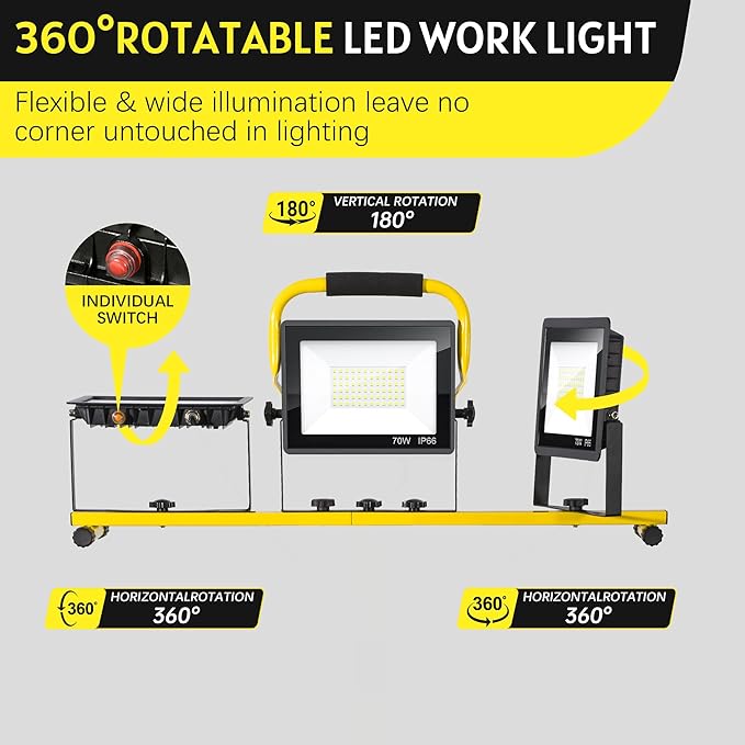 21000 LM LED Work Light with Stand, 3-Head Adjustable Portable Tripod Light with Individual Switches, IP66 Waterproof, 16.4FT Cord for Garage Workshop Job Site Construction Indoor Outdoor Lighting