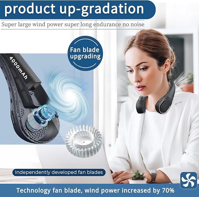ASNUG Neck Fan, Bladeless Neck Fan, 4000 mAh Rechargeable Personal Fan, 360° Hands Free Wearable Fan, 3 Speeds Adjustable,Faster Cooling, Ultra Quiet, Suitable for Home, Office, Travel, Sports