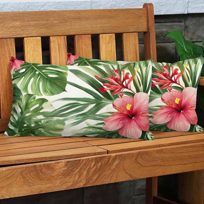 EKOBLA Watercolor Tropical Floral Pillow Cover Hawaii Palm Tree Hibiscus Square Cotton Linen Decorative Cushion Case for Couch Sofa Chair Bed 12x20 Inches