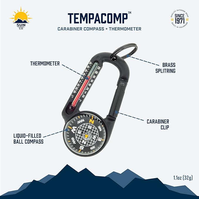 Sun Company TempaComp - Ball Compass and Thermometer Carabiner | Hiking, Backpacking, and Camping Accessory | Clip On to Pack, Parka, or Jacket