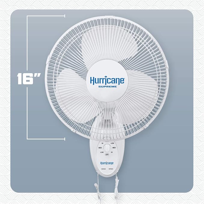 Hurricane 16" Supreme Oscillating Wall Mount Fan w/ 3 Quiet Speeds, White - Corded Electric Air Cooling Unit w/ Easy Pull Cord Controls for Homes, Greenhouses, Garages, Workshops & Gyms