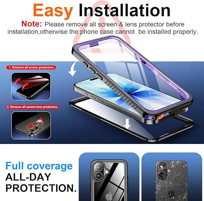 SPIDERCASE for iPhone 17 Case Waterproof, Built-in Lens & Screen Protector, Full Heavy Duty Protection, 12FT Military Shockproof, Dustproof, Anti-Scratched Phone Case,Purple/Clear