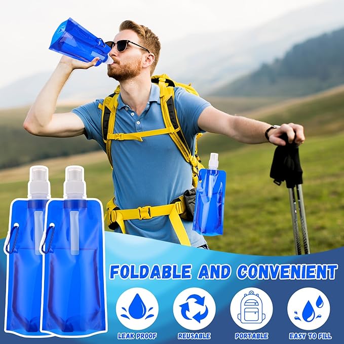 Teenyyou 24pack Collapsible Water Bottles Bulk 16oz Foldable Water Bottles with Carabiner Reusable Drinking Leak Proof Container Bags for Sport Biking Hiking Camping Travel Outdoor (Blue)