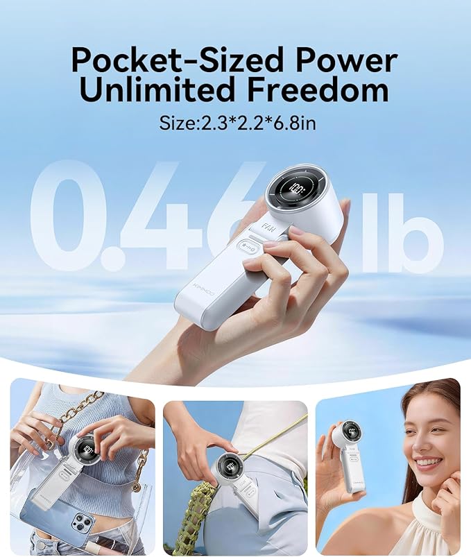 KIMMOO 3-in-1 Portable Handheld Turbo Fan-100 Speeds,Powerful 20000 RPM, 12Hrs Cooling, LED Display, 120° Rotation, USB Rechargeable Mini Hand Held Personal Fan for Travel Makeup Outdoor Indoor, White