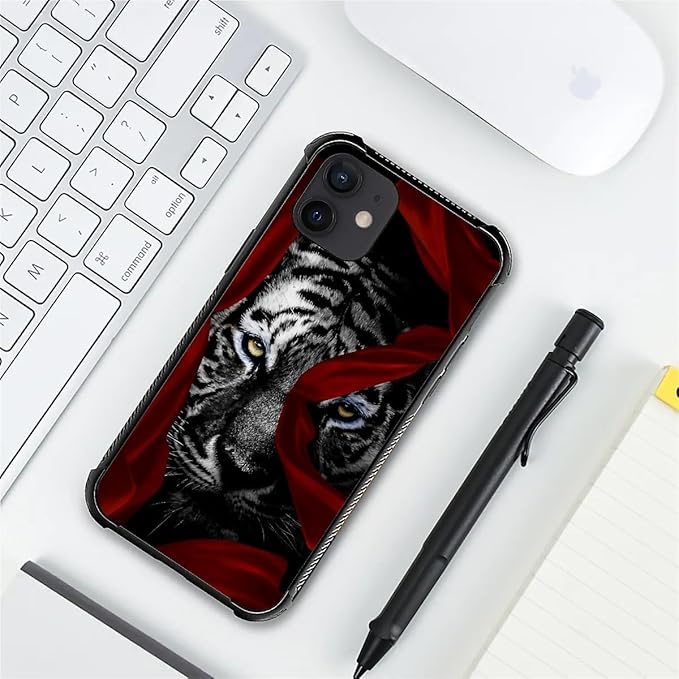 for iPhone 12/12 Pro Case, Red Ribbon Tiger Pattern Graphic Design Girl Boy Soft Silicone Hard Acrylic Shock Protection for iPhone 12/12 Pro