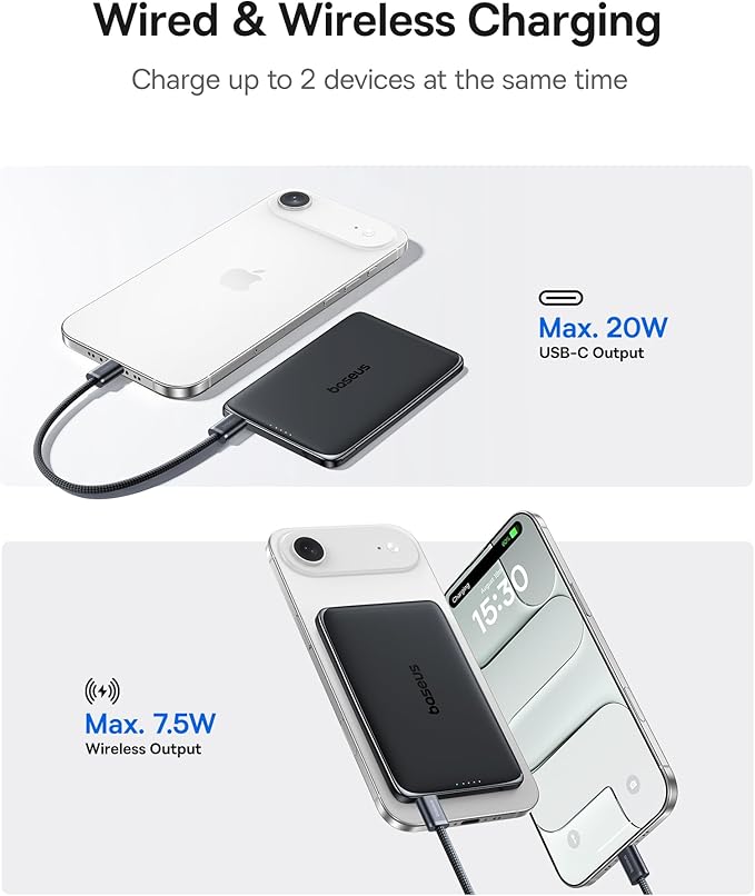 Baseus Picogo Power Bank, 0.3" Ultra Slim 5000mAh MagSafe Battery Pack, Update Polished Alloy Magnetic Portable Charger, Wireless Charger with USB-C Cable for iPhone 17 Pro Max/17 Air/16/15/14/13/12
