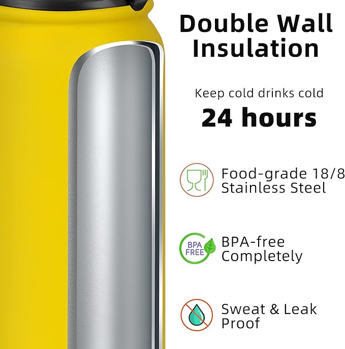 Fanhaw 32 oz Insulated Stainless Steel Water Bottle with Straw Lid, Leakproof Sports Bottle for Men, Women & Teens (Yellow)