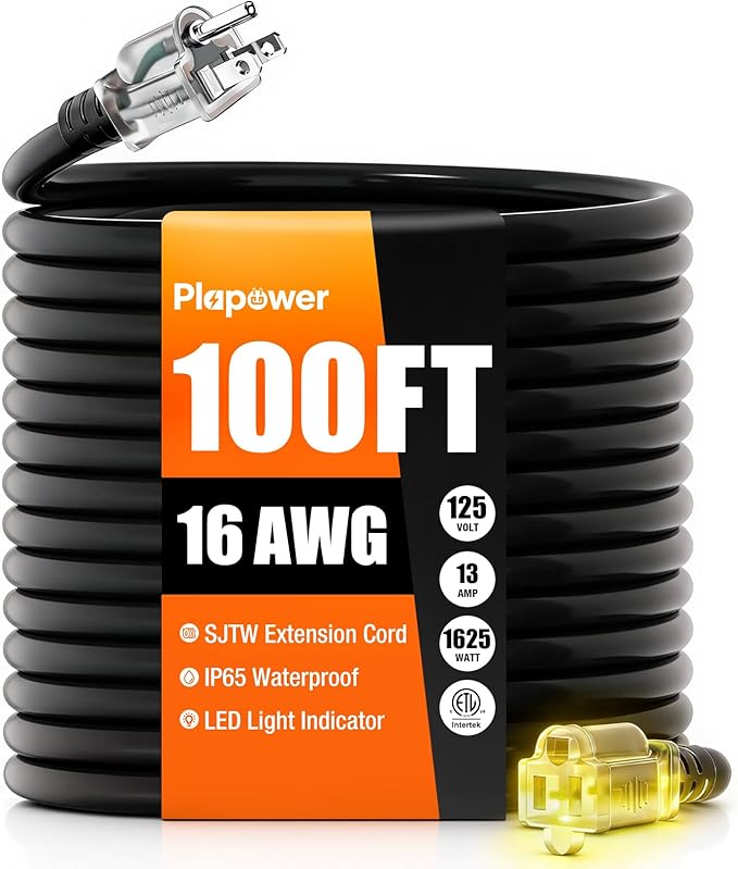 100 FT Outdoor Extension Cord Waterproof, 16/3 Gauge Heavy Duty 3 Prong Power Cord with Lighted Indicator End, 13A 125V 1625W SJTW, ETL Listed, Great for Lawn/Garden/Home(Black)