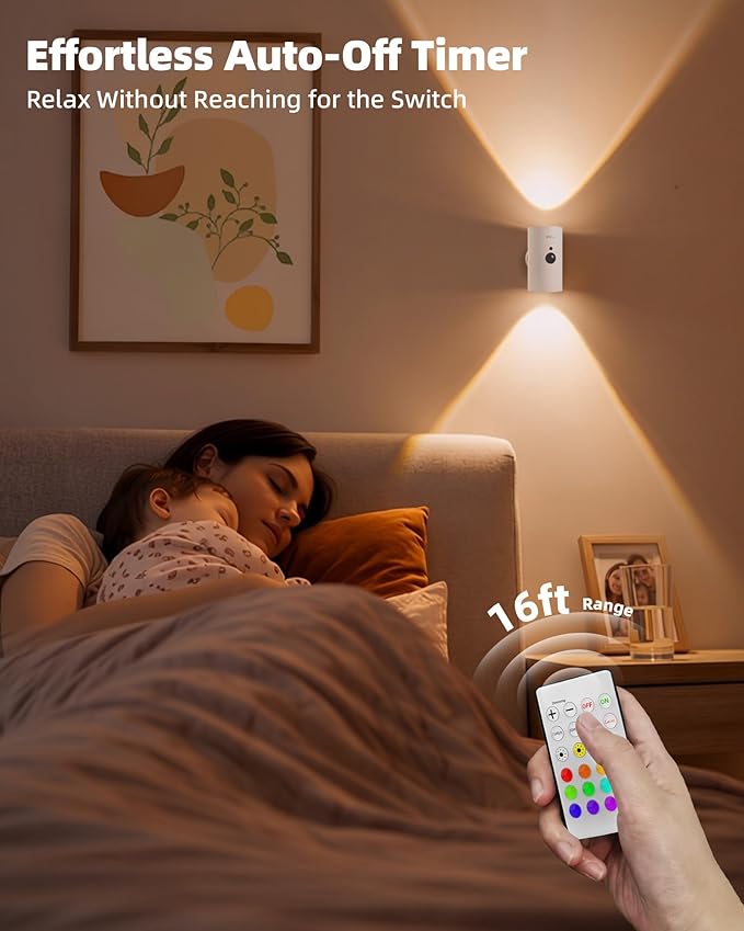 EZVALO Motion Sensor Wall Sconces, Battery Operated Wall Lights with 4000mAh Rechargeable Battery, 3 CCT & 12 RGB Remote LED Lights for Hallway, Stairway (White, 2 Pack)