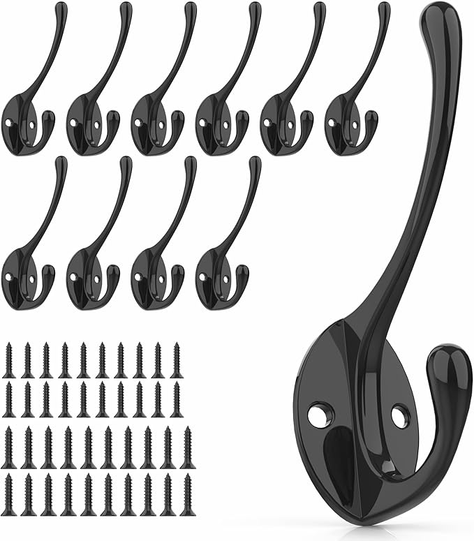Heavy-Duty Metal Coat Hooks for Wall, 10-Pack Black Wall Mounted Hooks with 20 Screws, Double Robe Hooks for Coat, Hat, Robe, Towel, Entryway, Bathroom, Kitchen
