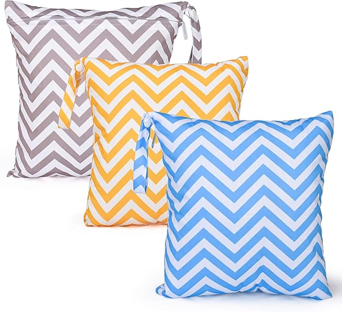 3 PCs Cloth Diaper Wet Dry Bags Waterproof Reusable Stroller Travel Beach Pool Daycare Soiled Baby Items Yoga Gym Bag for Swimsuits or Wet Clothes-Chevron-11 x 11"