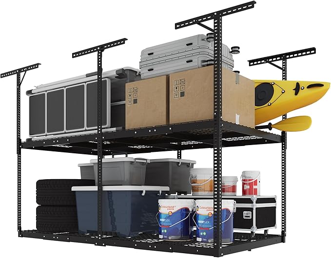 FLEXIMOUNTS 4x8 2-Tier Overhead Garage Storage Rack – Adjustable Heavy Duty Metal Garage Ceiling Storage Racks, 1000 lbs Capacity – Garages Organization System for 9–15 ft Tall Garages, Black