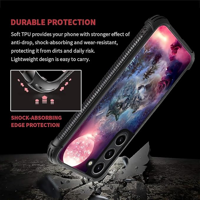 for Samsung Galaxy S23 Case, Star Two Wolfs Howling Pattern Graphic Design Girl Boy Soft Silicone Hard Acrylic Shock Protection for Samsung Galaxy S23