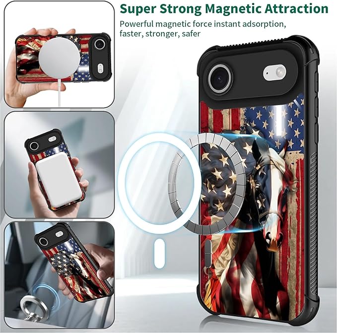 for iPhone 17 Air Case,for MagSafe Graphic Design for Girl Boy Soft Silicone Hard Acrylic Shock Protection Designed for iPhone 17 Air Red American Flag Horse Cross Pattern