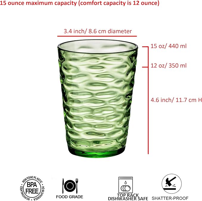14-ounce Plastic Tumblers, Acrylic Drinking Glasses, set of 6 Green Reusable Plastic Cups, Stackable, BPA-Free, Shatter-Proof, Dishwasher-Safe