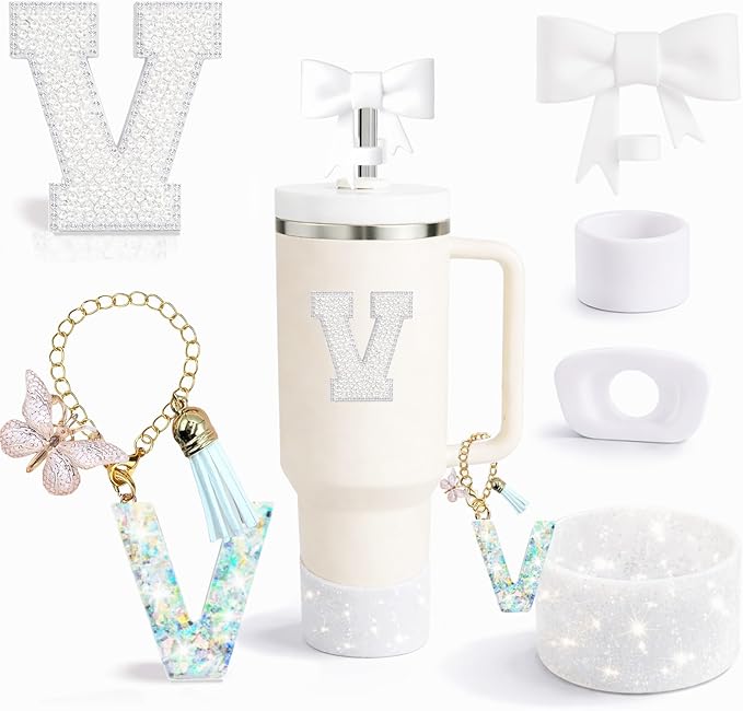 6PCS White Stanley Cup Accessories Set Fit for Stanley Cup 30oz 40oz. Including Handle Charm, Personalized Initial Sticker, Straw Topper, Sparkly Silicone Boot, Spill Proof Stopper (Letter-V)