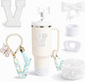 6PCS White Stanley Cup Accessories Set Fit for Stanley Cup 30oz 40oz. Including Handle Charm, Personalized Initial Sticker, Straw Topper, Sparkly Silicone Boot, Spill Proof Stopper (Letter-V)