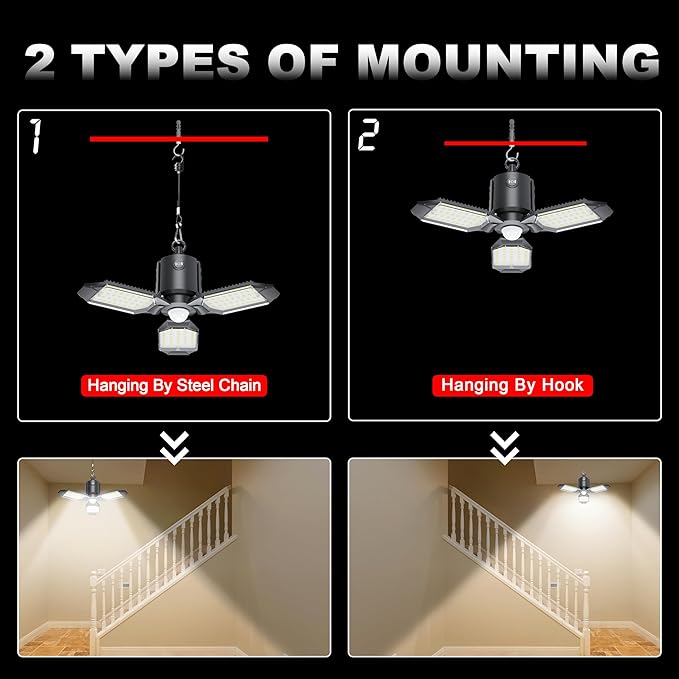 Motion Sensor Garage Light Plug in, 8000LM Shop Light 3 Modes, 3 Deformable LED Panels, 6500K Indoor Motion Sensor Light Bulb for Garage, Barn, Basement (2 Pack)