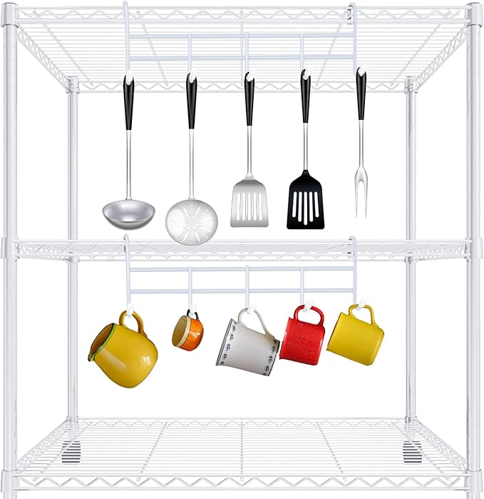 CroBlissful 2 Pcs 5 Hook Attachment for Wire Shelving 1.5 x 12 x 4 Inch Hanging Hooks Rack Wire Chrome Plated Steel Shelf Accessories Metal Hook Bars for Storage Display Organizer (White)