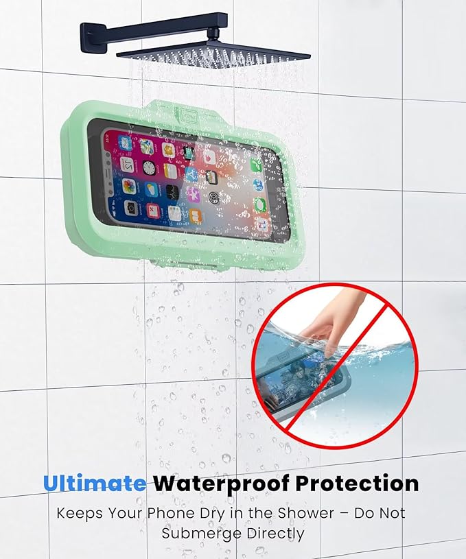 URROY Shower Phone Holder Waterproof One-Touch Open Shower Phone Case Anti-Fog & Sensitive Touchscreen Bathroom Wall Phone Mount Stand Universal Fit for iPhone & Smartphones Gift for Men Women Green