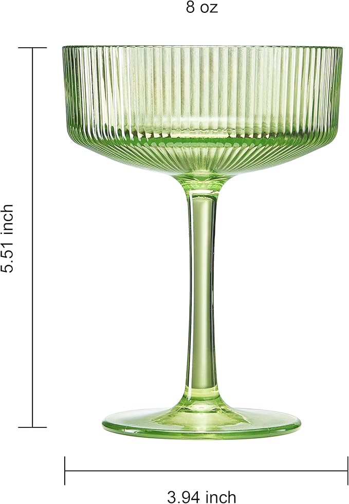 Khen Shatterproof Acrylic Ribbed Vintage Art Deco Martini, Champagne & Cocktail Spring & Summer Bright Pastel Colors Plastic Coupe Glasses | 5 Set | 8oz Ripple Classic Indoor & Outdoor, European Style