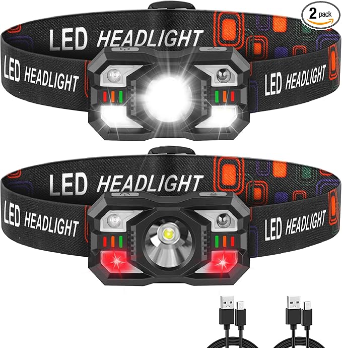 Staaricc Headlamp Rechargeable, LED Headlamp with Red Light, 2Pack Headlamps for Adults, Head Lamps LED Rechargeable, Headlight Motion Sensor, Head Lights for Forehead Hardhat Running Hunting Camping