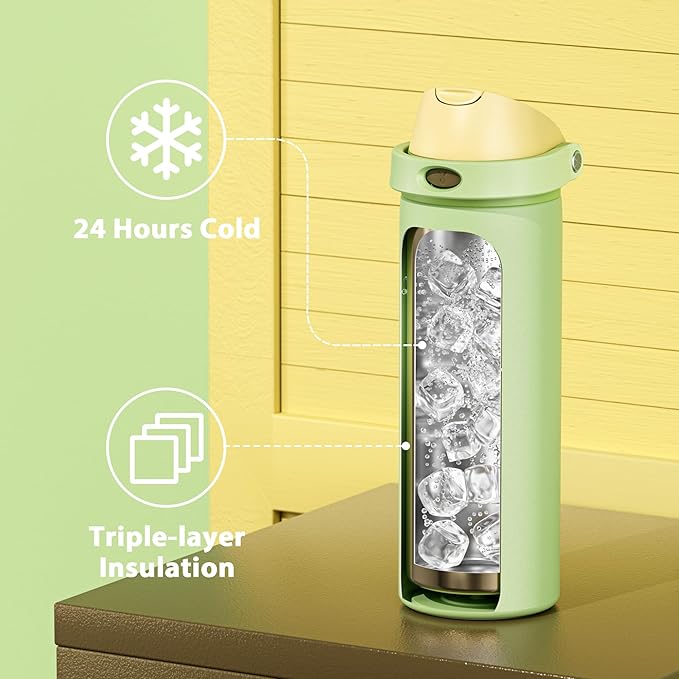 24 oz Insulated Water Bottle with Straw: Meoky Stainless Steel Metal Water Bottle with 2-in-1 Lid - Leak Proof, Cold for 24 Hours, Protective Silicone Base, BPA-Free for Sports Travel Car, Sprout