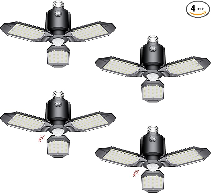 Motion Sensor Garage Light, 80W Garage Lights Ceiling Led Motion Activated,Dusk to Dawn Sensor Lights,Ultra Bright LED Shop Light Bulb,Screw in Lights for Barn,Basement(4Pack)