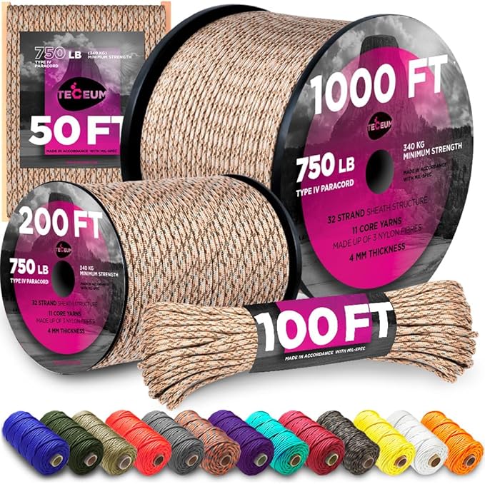 TECEUM 5/32" Paracord Rope 1000 – 1000ft / 200ft / 100ft / 50ft – Tactical Parachute Cord 4mm – 45+ Colors – Nylon String for Survival & Camping Gear – Stripe Cord for Survival – Utility Rope