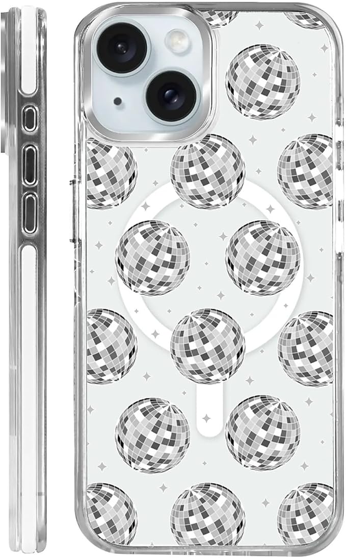 Case for iPhone 15,[Compatible with MagSafe],Disco Ball Grayish White Phone Case Design，for Women Girls Magnetic Clear Cover - Slim, Sleek, & Shockproof Protection