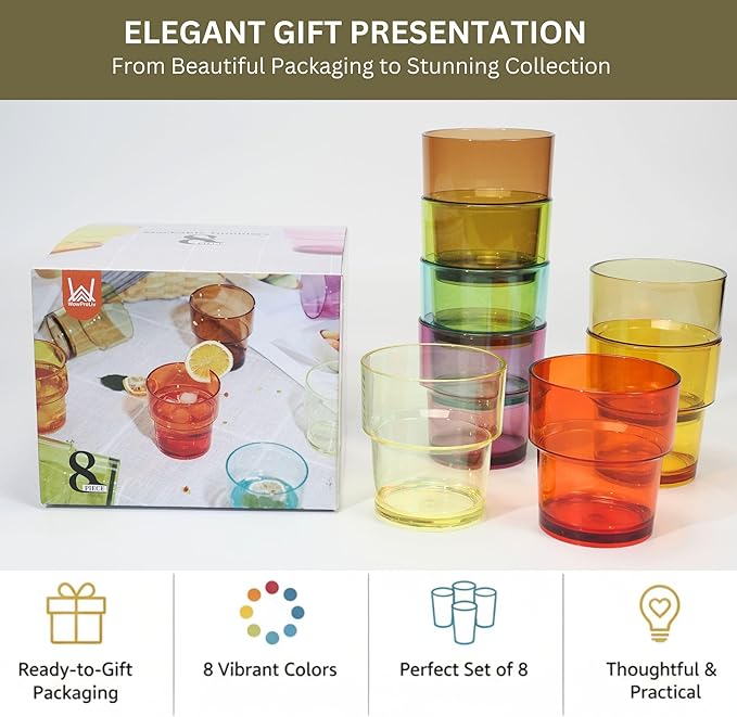 14 oz Plastic Stackable Drinking Tumblers, BPA-Free, Dishwasher Safe, Durable Shatterproof Reusable Kid Cups, Everyday Water/Juice Glasses for Indoor/Outdoor (Set of 8, Gift Box)