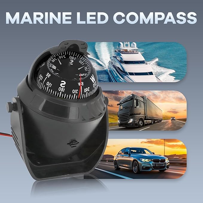 Boat Compass with Magnetic Declination Adjustment, Pivoting Marine Compass Multifunction Digital Navigation Dashboard LED Illumination & Backlight for Marine Boat Truck Car