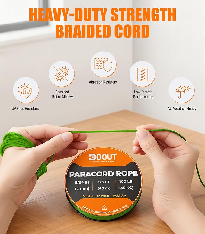 DDOUT 2mm Paracord 100lb, Thin Micro Paracord Rope, FLGreen 125FT Nylon Cord for Crafting, DIY Projects, Fishing, Camping & Outdoor