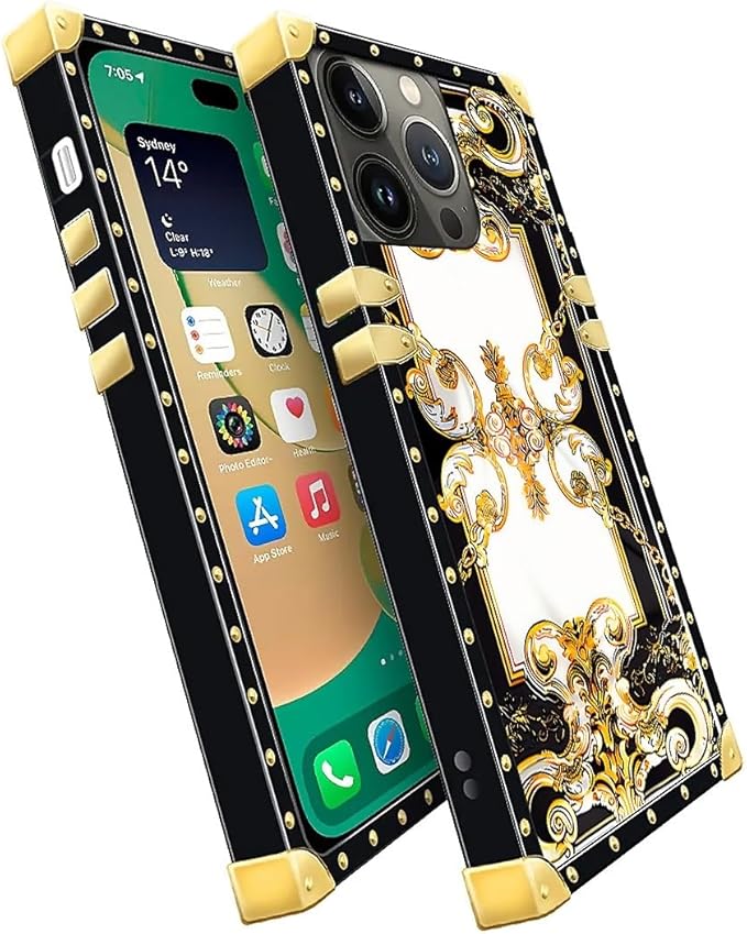 Compatible with iPhone 14 Pro Max Case, Gold Grain Flowers Luxury Golden Decoration for Girl Women Soft TPU Shockproof Protective Hard PC Back for iPhone 14 Pro Max