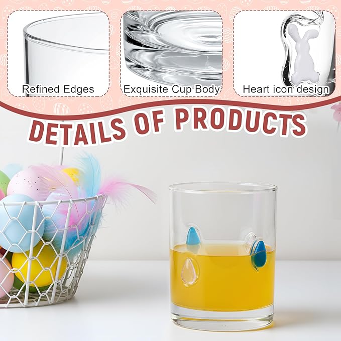 Skylety 2 Pcs Easter Icon Juice Glasses Bunny Drinking Cups Gifts Easter Rabbit Egg Pattern Coffee Mugs 13.5 oz Old Fashioned Whiskey Cocktail Stemless Wine Glasses for Christmas Party Decor