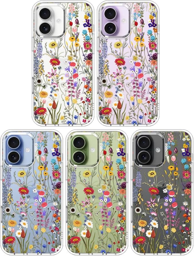 MOSNOVO for iPhone 17 Case | Military Grade 6.6ft Drop Tested | Camera Control | Clear with Wildflower Meadow Design