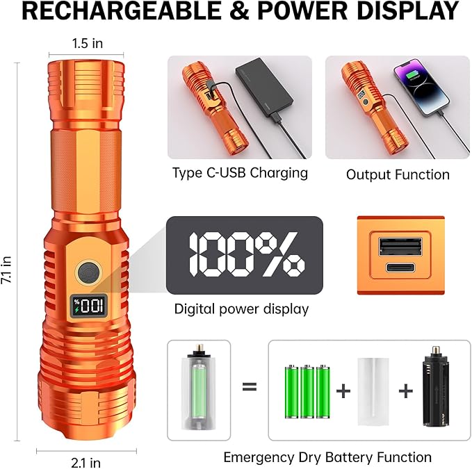 Flashlights High Lumens Rechargeable, 100,000LM LED Super Bright Flash Light, Zoomable Linternas with LCD Digital Display, 5 Mode, Waterproof, Powerful Tactical Flashlight for Emergencies Camping Gift
