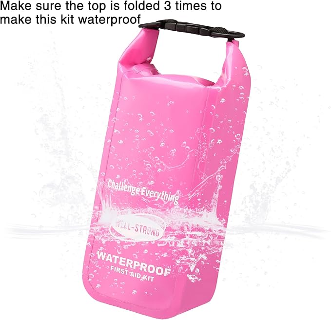 Boat First Aid Kit Waterproof, WELL-STRONG Marine Emergency Kit with Roll Top Dry Bag for Boating Fishing Kayaking – Water-Resistant Contents for Camping & Beach（Pink）