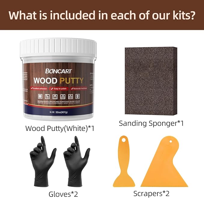 Boncart 32oz Wood Filler Putty - White, Paintable Furniture Repair Kit for Quickly Fixing Broken and Defective Wooden Furniture, MQNZ-08